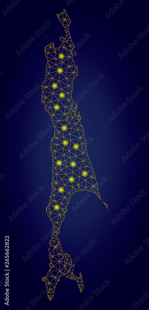 Poster yellow mesh vector sakhalin island map with glare effect on a dark blue gradiented background. abstr