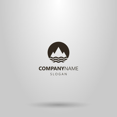 black and white simple vector geometric negative space round logo of a mountain range over the waves of water