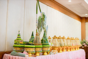 Engagement bowl for Thai engagement ceremony. bride price set, made from banana leaf and garland in thai wedding ceremony forr contain wedding ring and flower