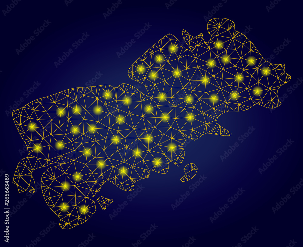 Poster yellow mesh vector shikotan island map with glare effect on a dark blue gradiented background. abstr