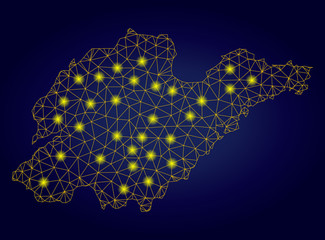Yellow mesh vector Shandong Province map with glare effect on a dark blue gradiented background. Abstract lines, light spots and small circles form Shandong Province map constellation.
