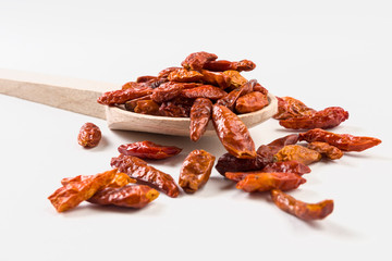 chili peperoncini paprika pepper on wooden spoon on white background