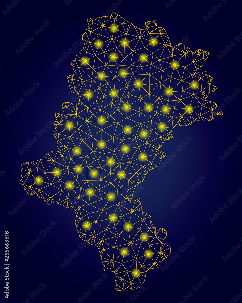Poster yellow mesh vector silesian voivodeship map with glow effect on a dark blue gradiented background. a