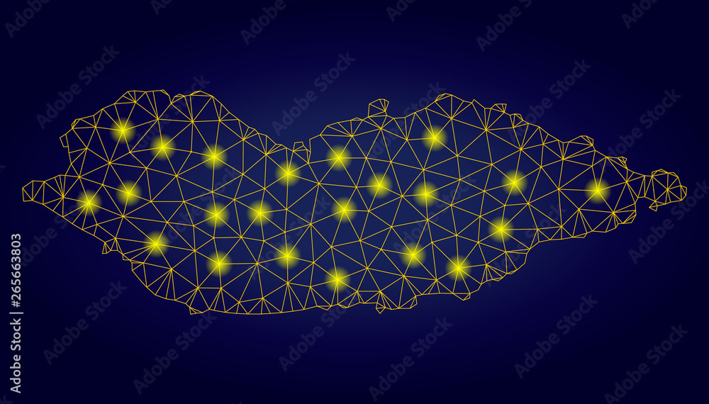 Poster yellow mesh vector socotra island map with glitter effect on a dark blue gradiented background. abst