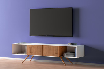TV screen on the blue wall in modern living room