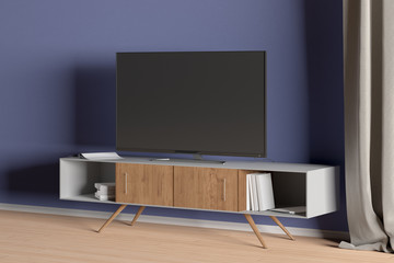 TV on the cabinet in modern living room on blue wall background