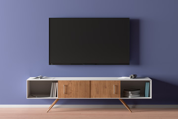 TV screen on the blue wall in modern living room