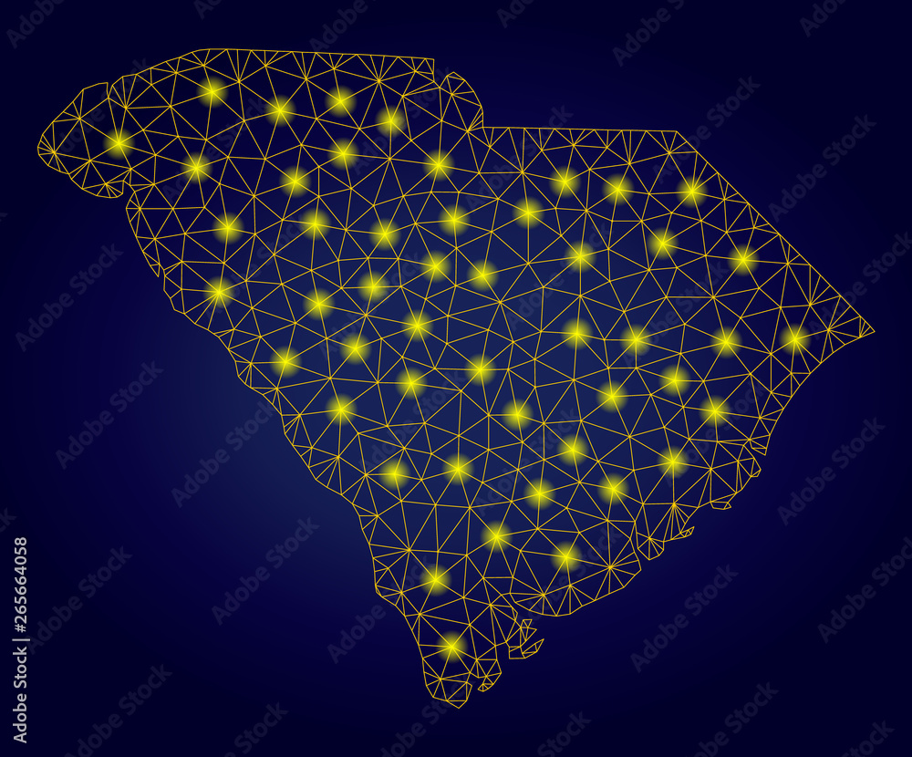 Poster yellow mesh vector south carolina state map with glare effect on a dark blue gradiented background. 