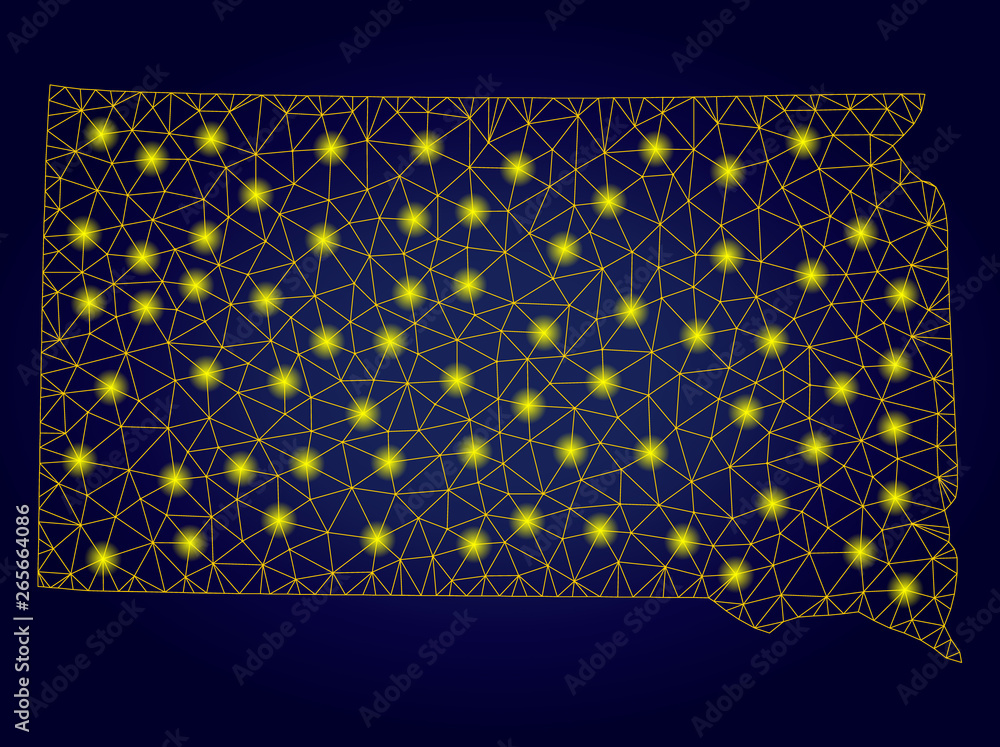 Poster yellow mesh vector south dakota state map with glare effect on a dark blue gradiented background. ab