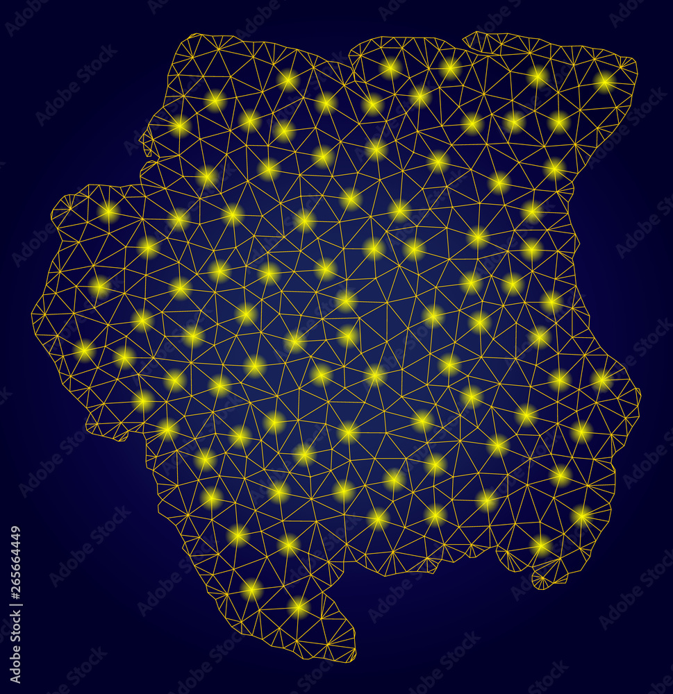 Poster yellow mesh vector suriname map with glitter effect on a dark blue gradiented background. abstract l