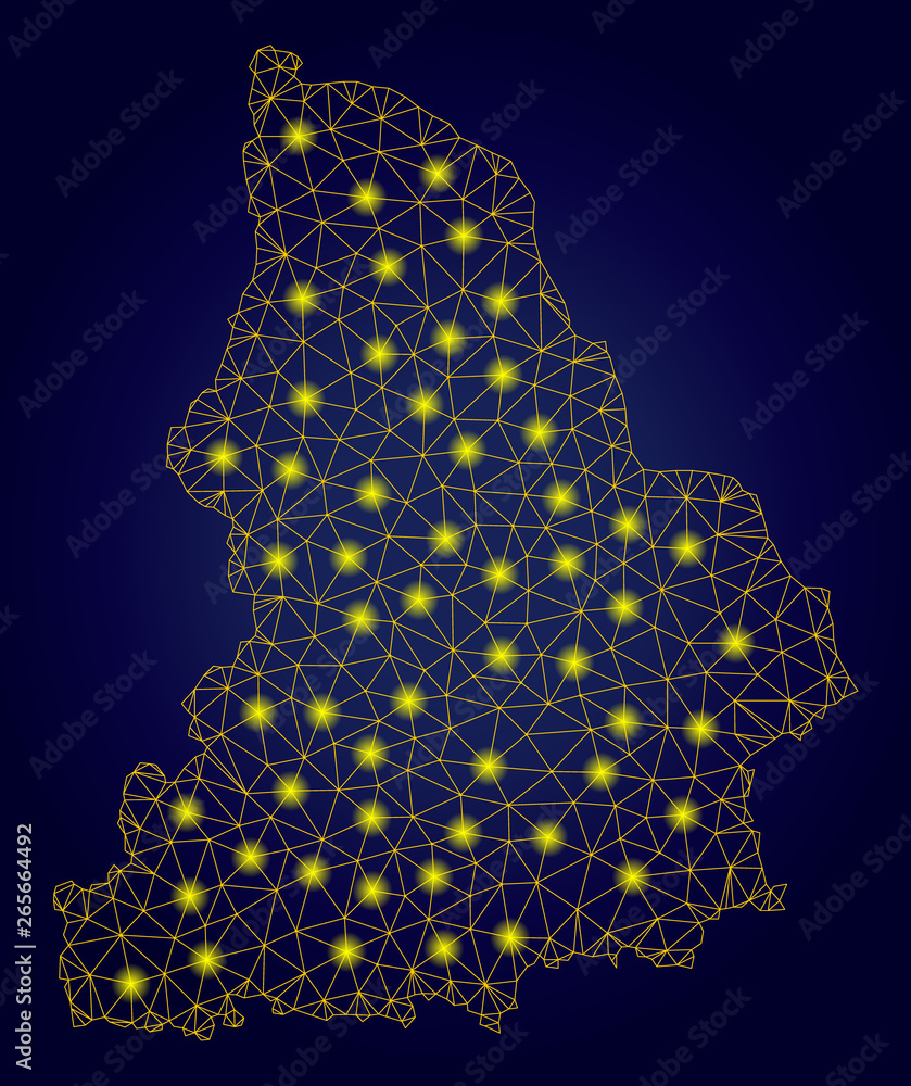 Poster yellow mesh vector sverdlovsk region map with glare effect on a dark blue gradiented background. abs