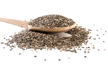 chia seeds on wooden spoon on white background