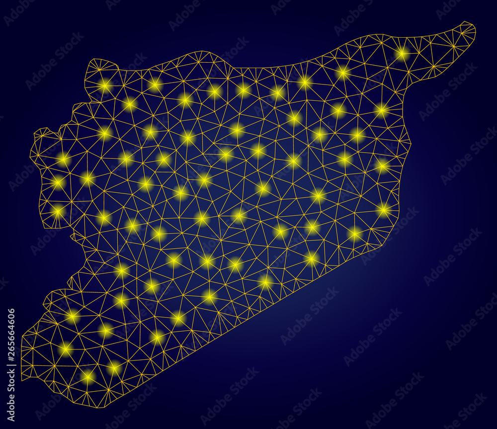 Poster yellow mesh vector syria map with glare effect on a dark blue gradiented background. abstract lines,