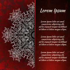 Circular frame card for congratulations for wedding invitations, Valentine's Day, birthday, holiday, gratitude, love confession. Vector red background with mandala drawing. eps10