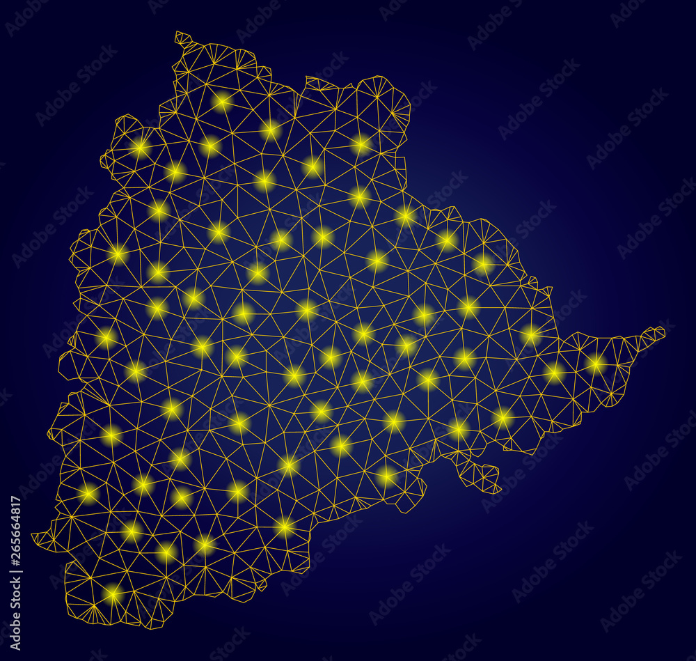 Poster yellow mesh vector telangana state map with flare effect on a dark blue gradiented background. abstr
