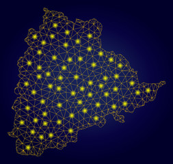 Yellow mesh vector Telangana State map with flare effect on a dark blue gradiented background. Abstract lines, light spots and points form Telangana State map constellation.