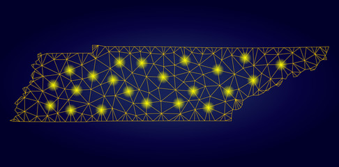 Yellow mesh vector Tennessee State map with glitter effect on a dark blue gradiented background. Abstract lines, light spots and circle dots form Tennessee State map constellation.