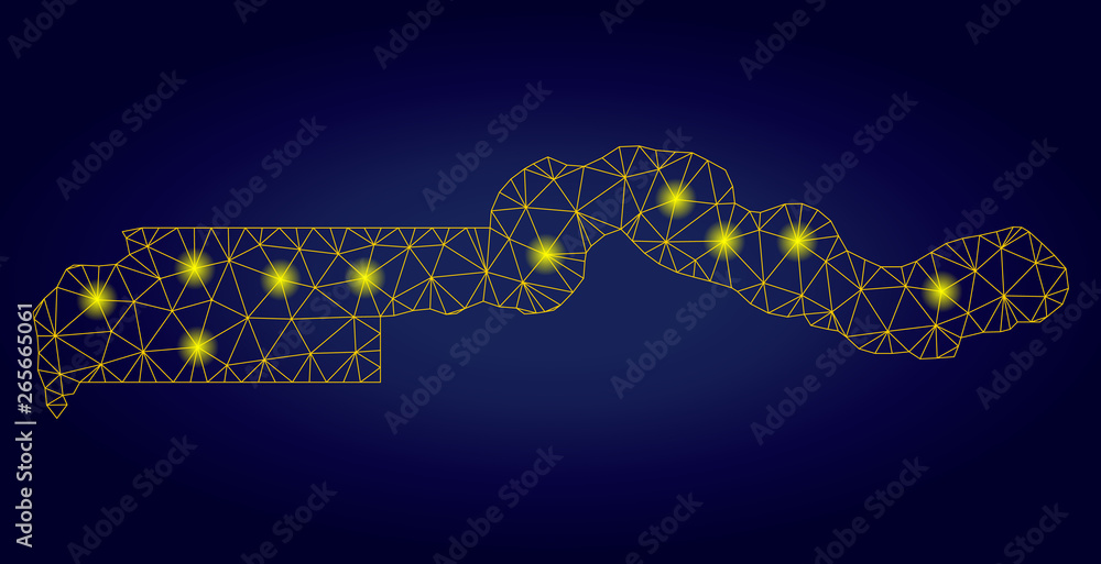 Poster yellow mesh vector the gambia map with glare effect on a dark blue gradiented background. abstract l