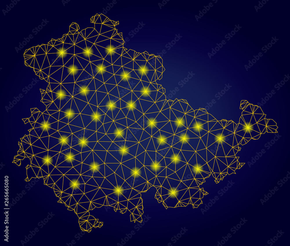 Poster yellow mesh vector thuringia land map with glow effect on a dark blue gradiented background. abstrac