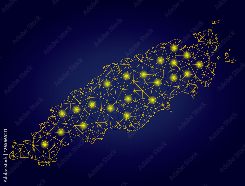 Poster yellow mesh vector tobago island map with glare effect on a dark blue gradiented background. abstrac