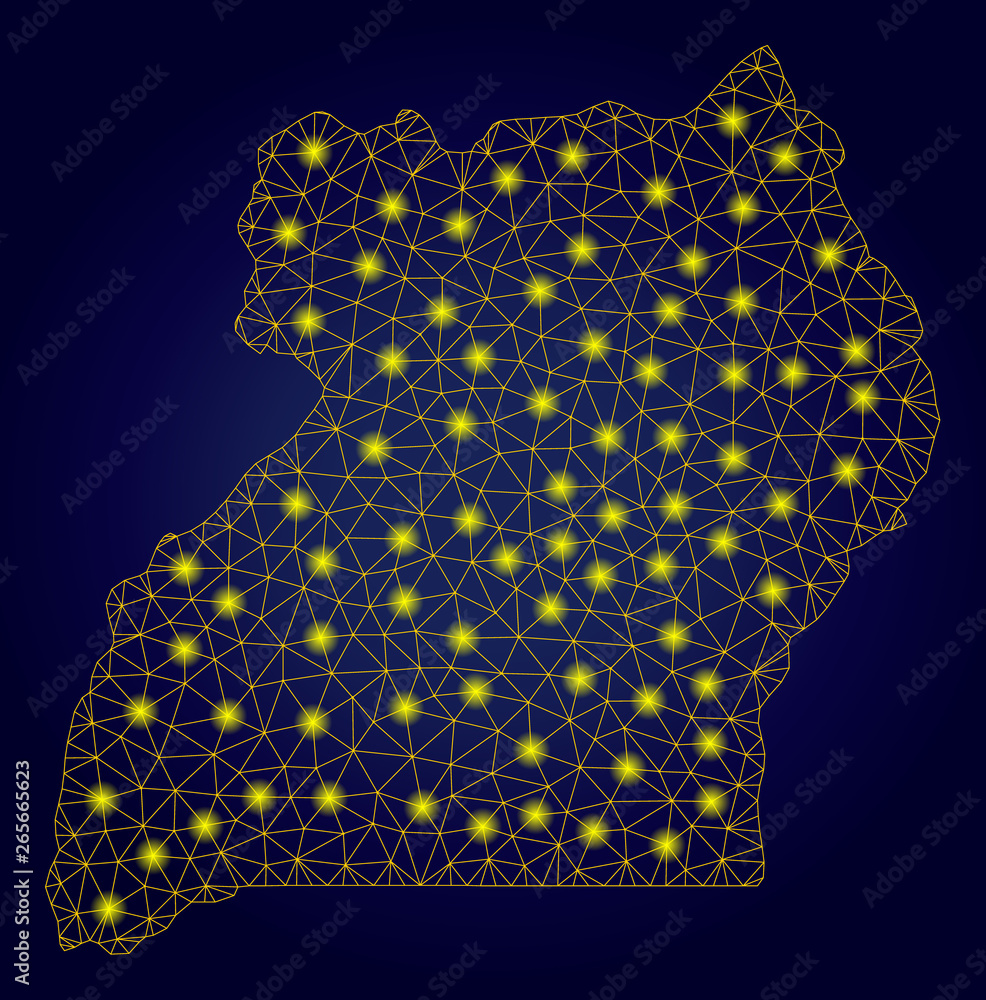 Poster yellow mesh vector uganda map with flare effect on a dark blue gradiented background. abstract lines