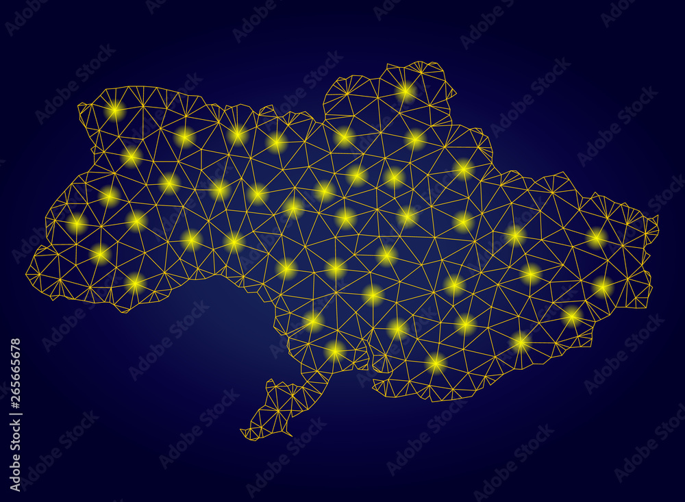 Poster yellow mesh vector ukraine map with glare effect on a dark blue gradiented background. abstract line