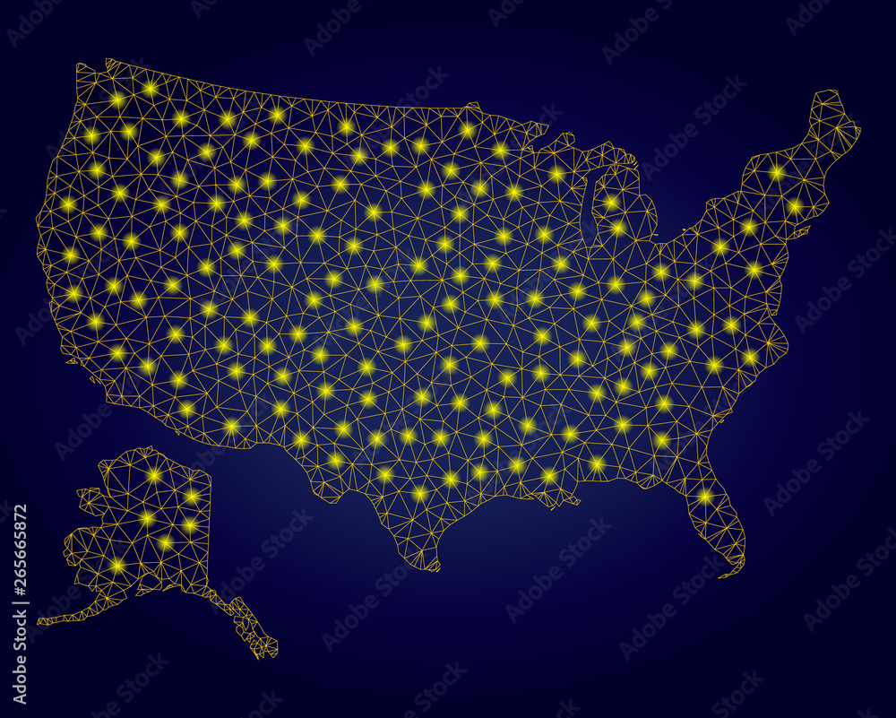 Aufkleber yellow mesh vector usa with alaska map with glare effect on a dark blue gradiented background. abstr