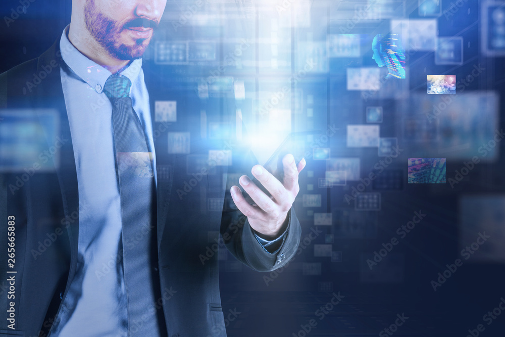 Poster man with phone, virtual information interface