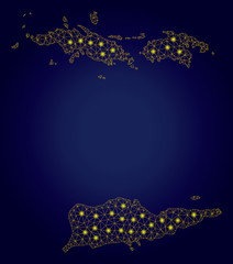 Fototapeta na wymiar Yellow mesh vector USA Virgin Islands map with glow effect on a dark blue gradiented background. Abstract lines, light spots and small circles form USA Virgin Islands map constellation.