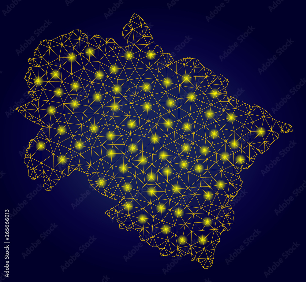 Poster yellow mesh vector uttarakhand state map with glare effect on a dark blue gradiented background. abs