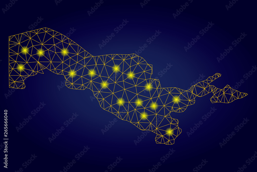Poster yellow mesh vector uzbekistan map with glare effect on a dark blue gradiented background. abstract l