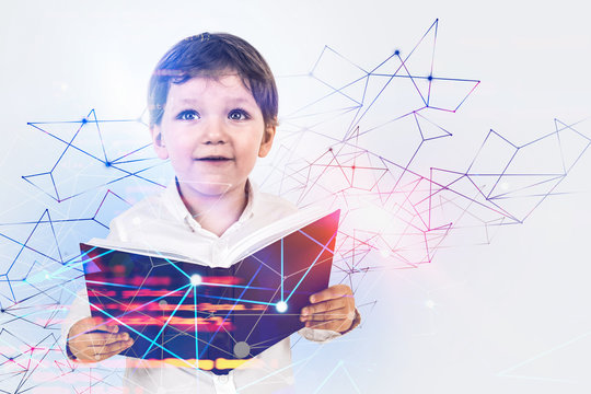 Little boy with book, online education concept