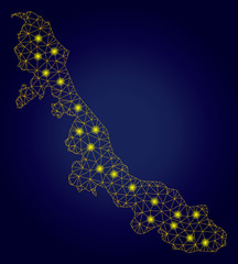 Yellow mesh vector Veracruz State map with glare effect on a dark blue gradiented background. Abstract lines, light spots and spheric points form Veracruz State map constellation.