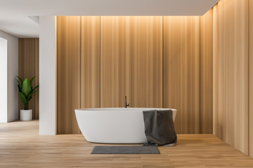 Naklejka na ściany i meble Wooden and white bathroom with white tub