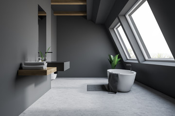 Attic gray bathroom interior, tub and sink