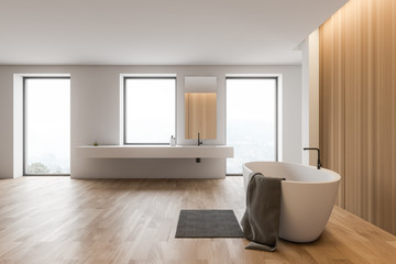 Fototapeta na wymiar Spacious white and wooden bathroom interior