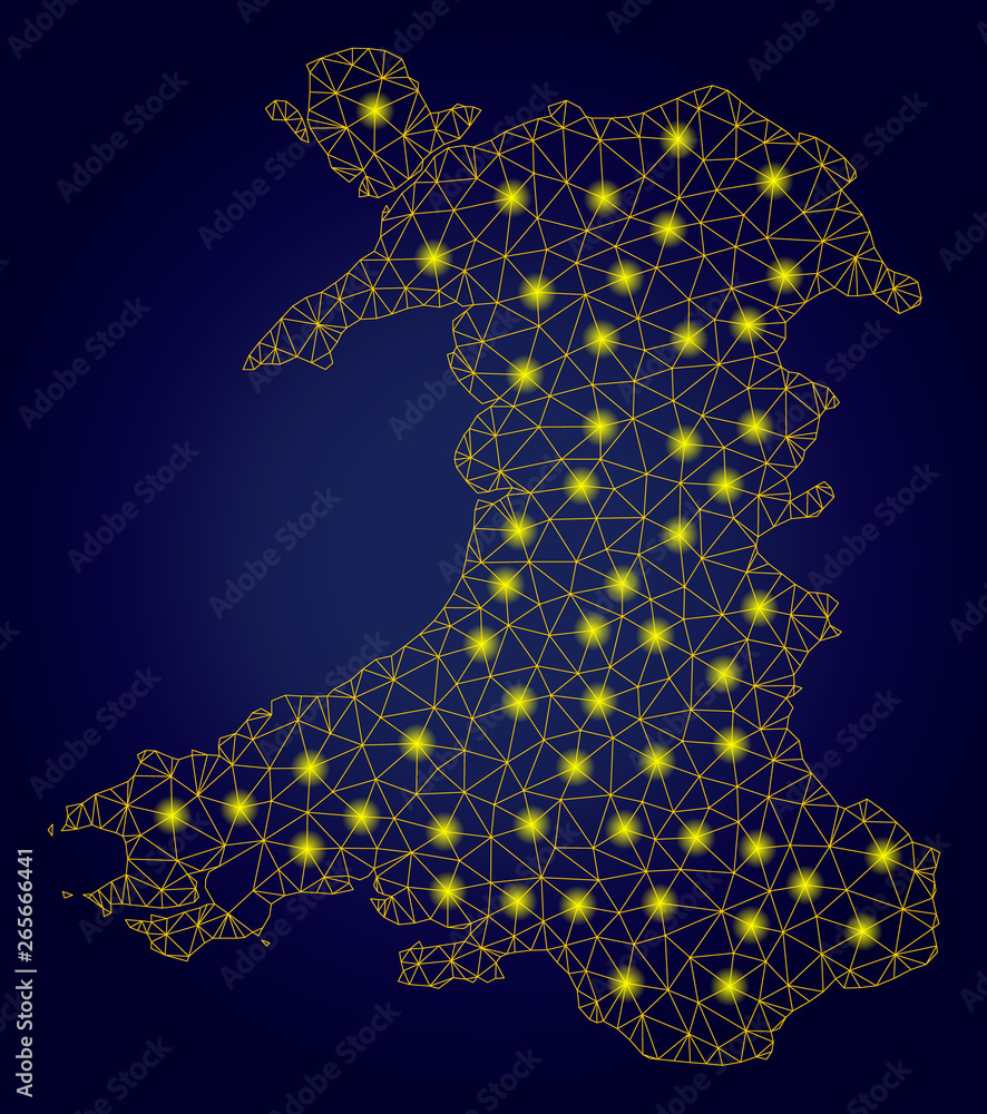 Poster yellow mesh vector wales map with glare effect on a dark blue gradiented background. abstract lines,