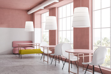 Bright pink and white restaurant interior