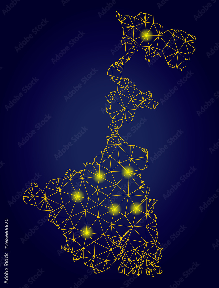 Poster yellow mesh vector west bengal state map with glitter effect on a dark blue gradiented background. a