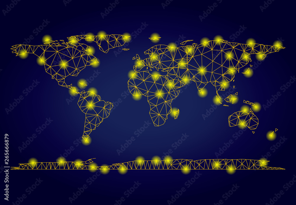 Poster yellow mesh vector world continent map with glare effect on a dark blue gradiented background. abstr