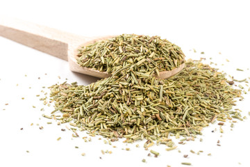 rosemary on wooden spoon on white background