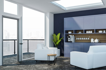 Blue office waiting room corner, coffee machine