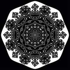 Black and white round ethnic mandala, vector illustration on white background. Can be used for coloring book, greeting card, phone case print, etc. Islam, Arabic, Pakistan, Moroccan, Turkish motifs