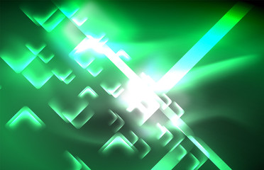 Neon square and line lights on dark background with blurred effects