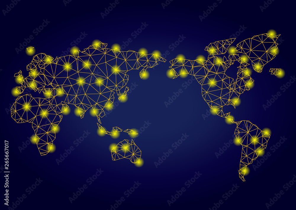 Poster yellow mesh vector world map with glare effect on a dark blue gradiented background. abstract lines,
