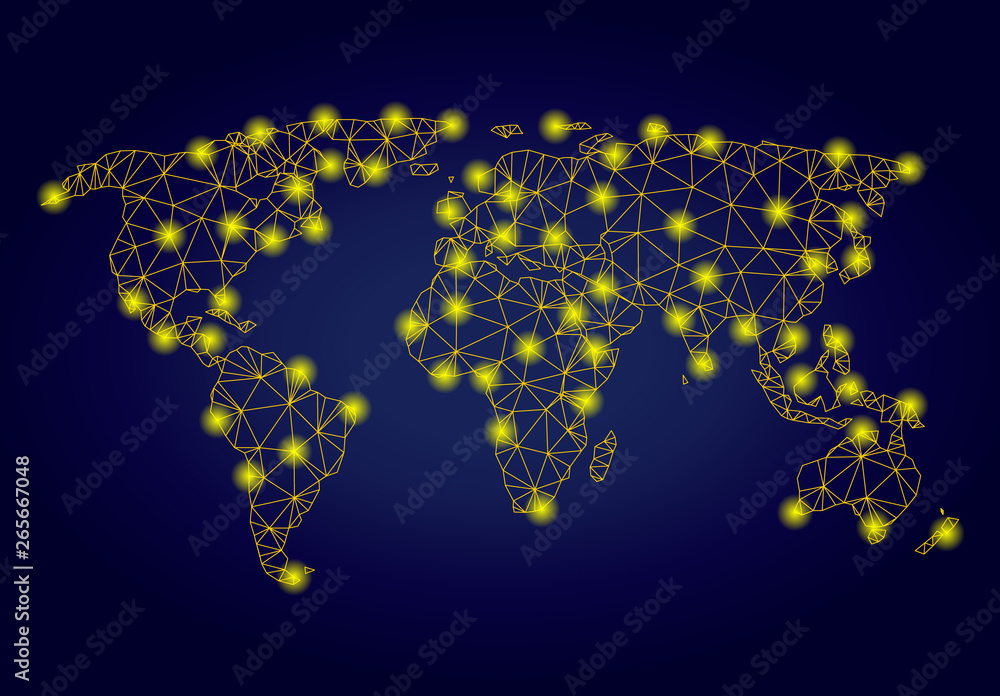 Poster yellow mesh vector world map with glare effect on a dark blue gradiented background. abstract lines,