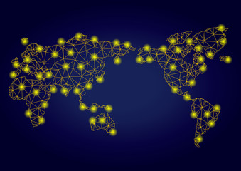 Yellow mesh vector world map with glare effect on a dark blue gradiented background. Abstract lines, light spots and small circles form world map constellation.