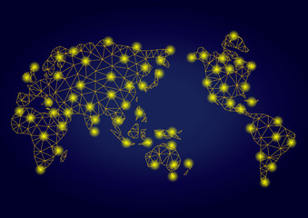 Yellow mesh vector worldwide map with glare effect on a dark blue gradiented background. Abstract lines, light spots and dots form worldwide map constellation.
