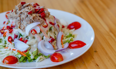 Spicy tuna salad In a white plate, salad this dish consist of tuna, lettuce, chinese cabbage, carrot onion red chilli rough cut, dressing and tomato half cut Used to arrange dishes.