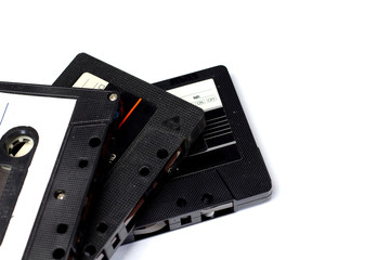 Audio retro vintage  group of audio cassettes tape 70s, 80s, 90s style vintage toning  isolated on white 